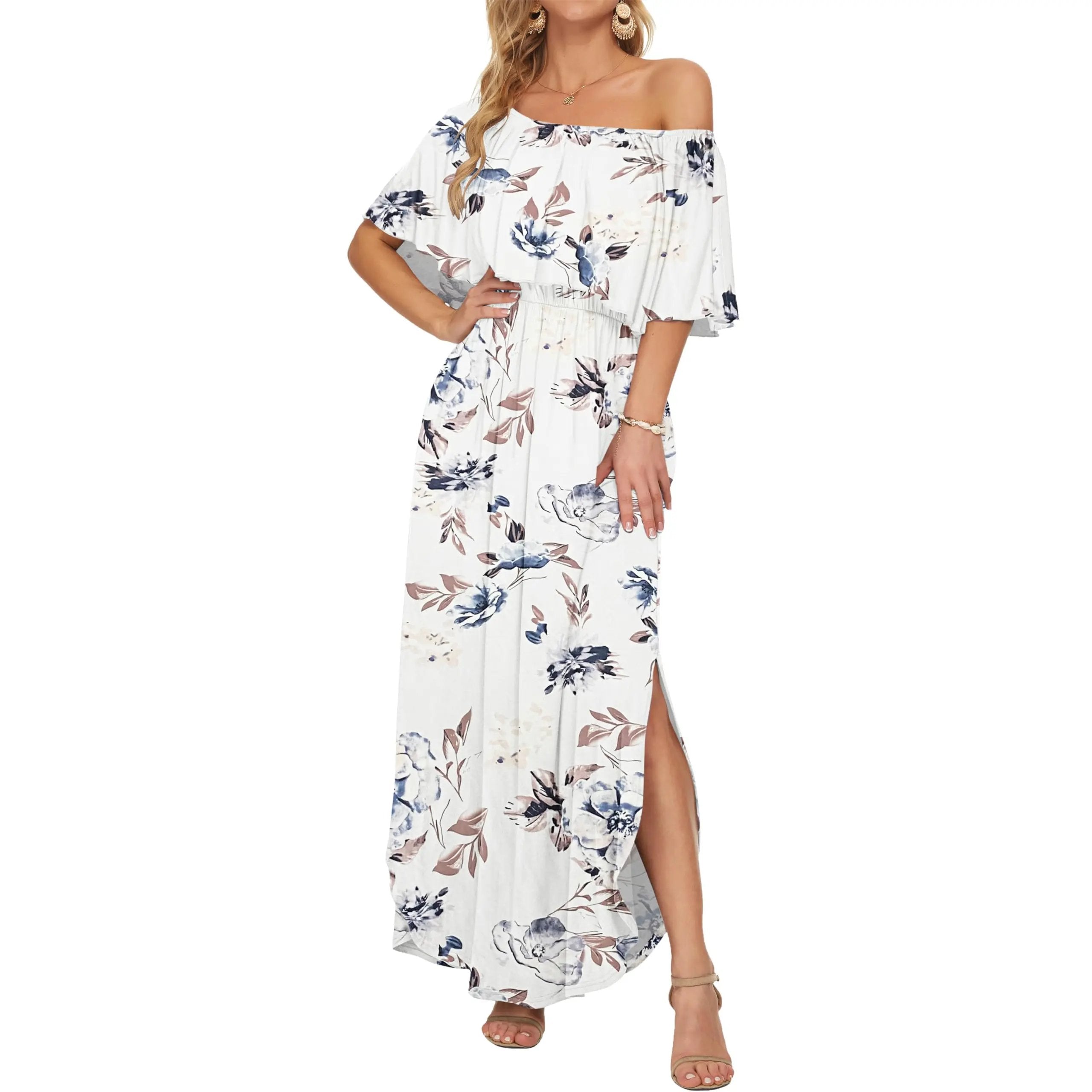 Women's Off The Shoulder Dress 👗Wedding Guest Dress ❤️Summer Casual Long Ruffle Party Side Split Beach Maxi Dresses with Pockets