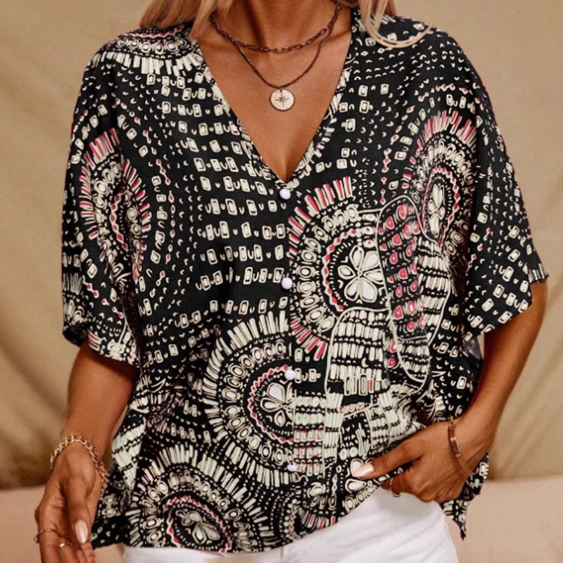 💕💕Mandala Print V-Neck Blouse – Casual Vacation Top