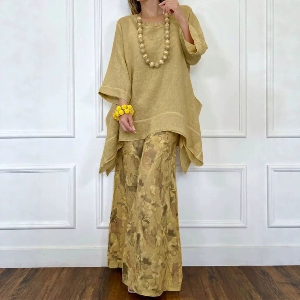 💕💕Cotton-Linen Irregular Hem Drop-Shoulder Top & Wide-Leg Pants Set