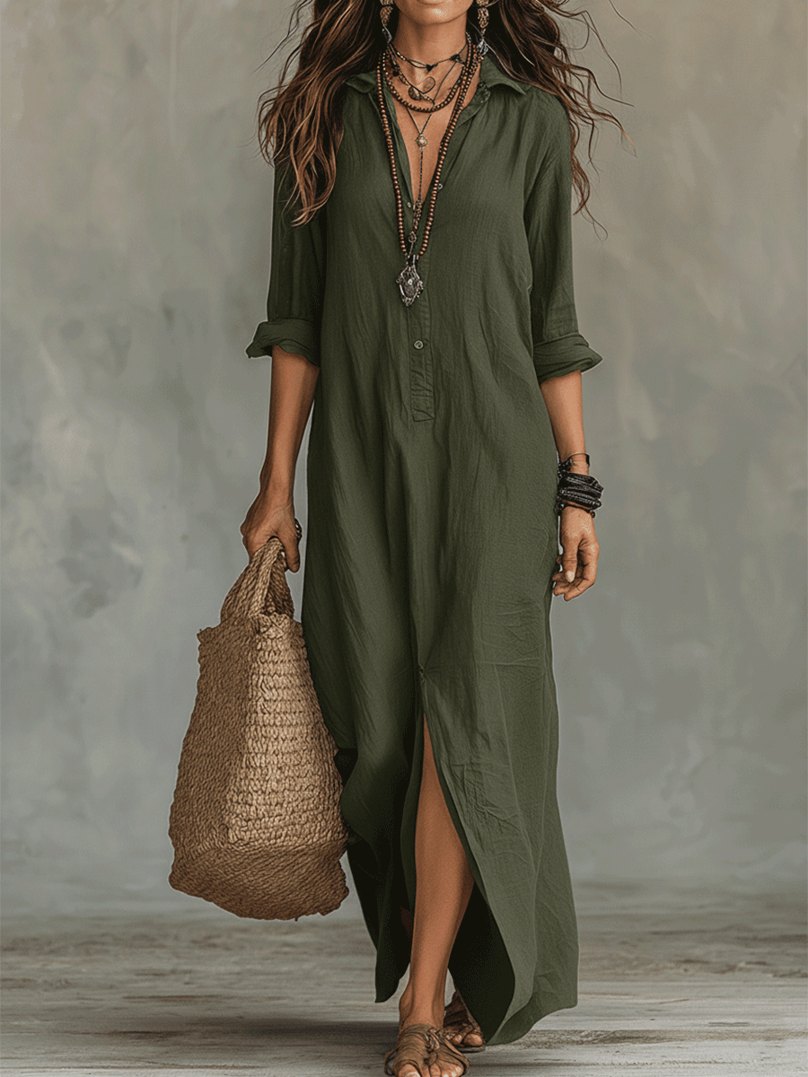 🌷100% Cotton-Button-Front Bohemian Shirt Maxi Dress