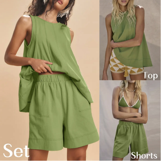 💕💕50% OFF🔥Women's Cotton Two Piece Outfit - A-Line Tank & High-Waist Shorts