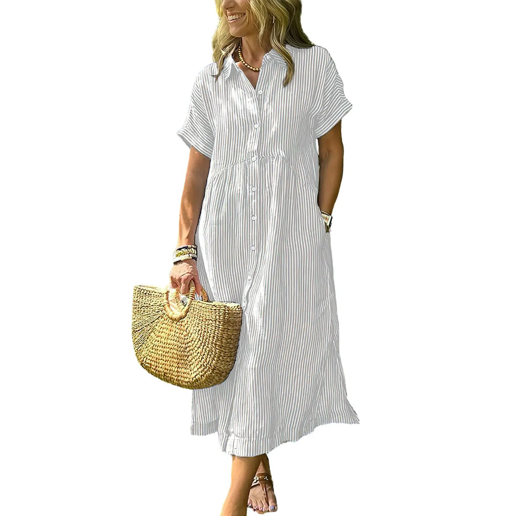 Last Day ⏰ 49% OFF ✨Chouyatou Women's Loose Midi Striped Shirt Dress