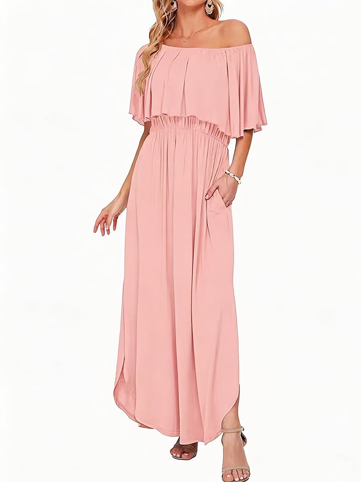 Women's Off The Shoulder Dress 👗Wedding Guest Dress ❤️Summer Casual Long Ruffle Party Side Split Beach Maxi Dresses with Pockets