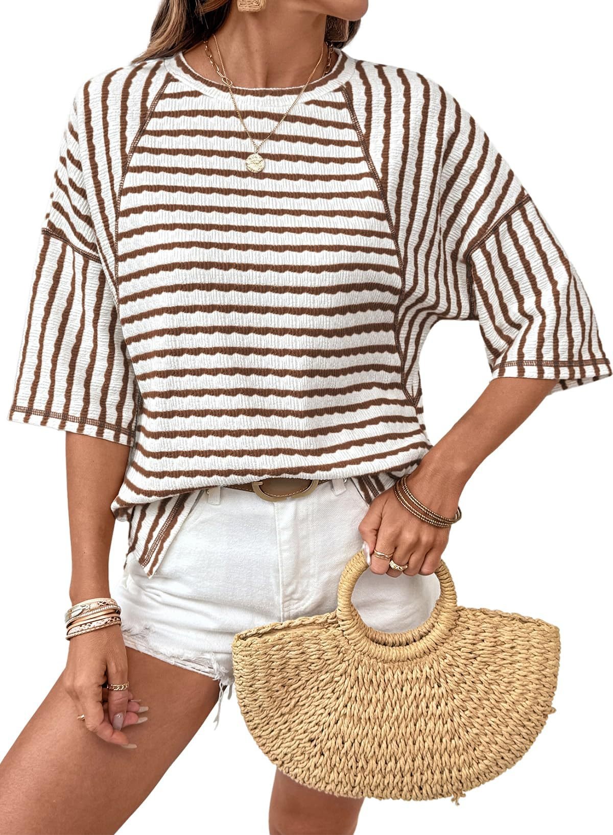 💕💕Womens Summer Tops Oversized Tshirts for Women Striped Color Block Short Sleeve T Shirts Crewneck Casual Tee Blouses