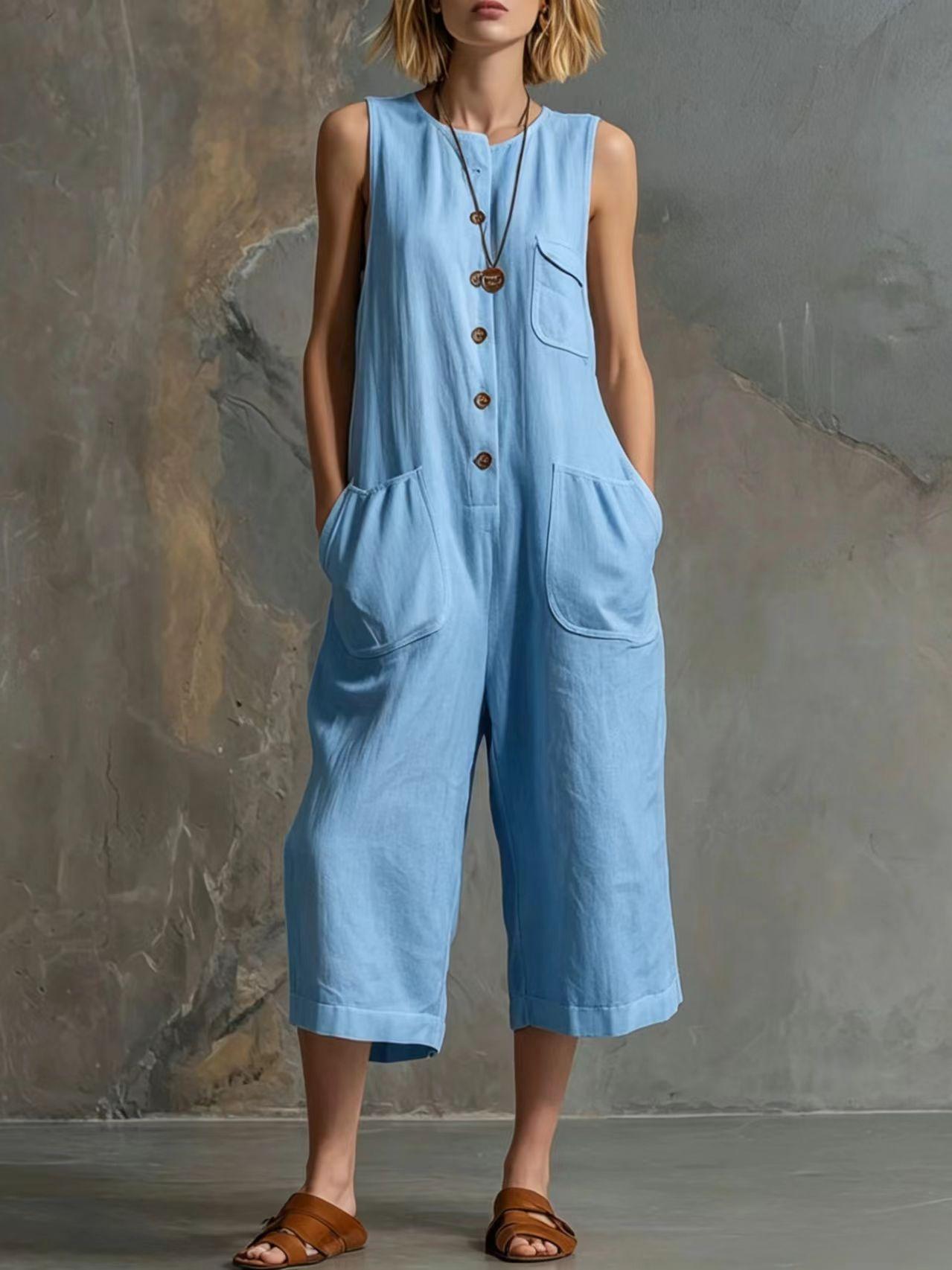 🌷Retro Sleeveless Cotton-Linen Wide-Leg Cropped Jumpsuit