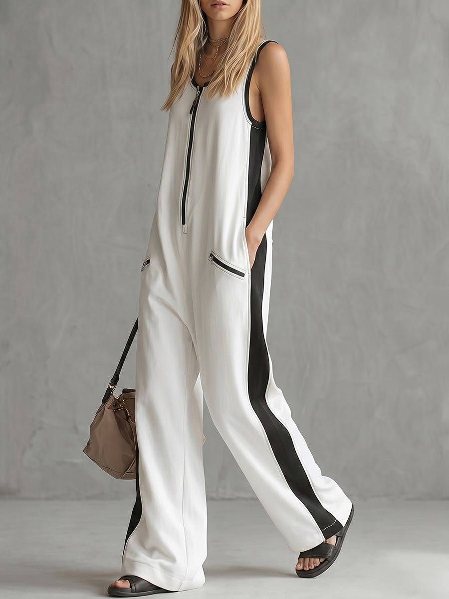 🌷Loose Sleeveless Contrast Color Pockets Zipper V-Neck Jumpsuits