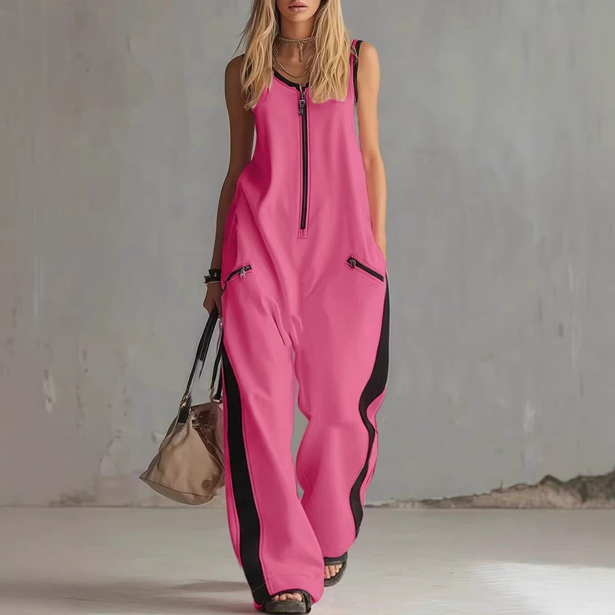 🌷Loose Sleeveless Contrast Color Pockets Zipper V-Neck Jumpsuits