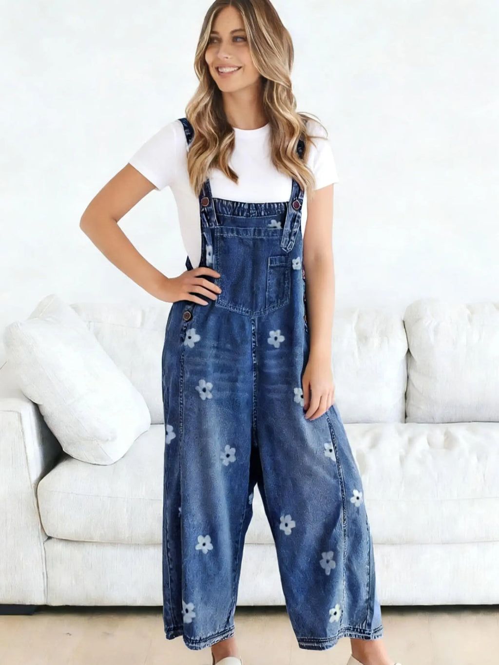 💕💕50% OFF🔥Women's Floral Printed Adjustable Denim Overalls - Wide Leg Jumpsuit