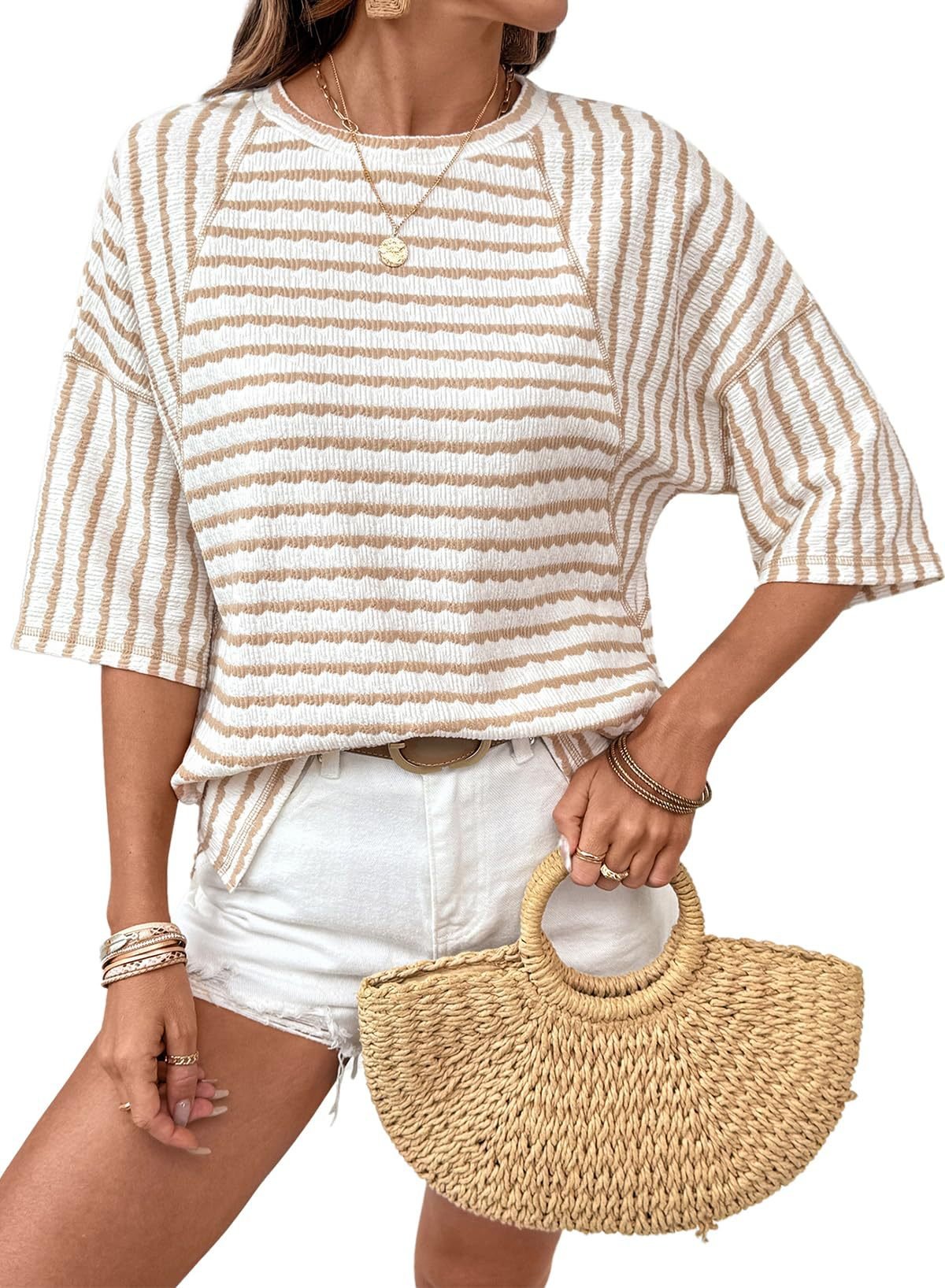 💕💕Womens Summer Tops Oversized Tshirts for Women Striped Color Block Short Sleeve T Shirts Crewneck Casual Tee Blouses