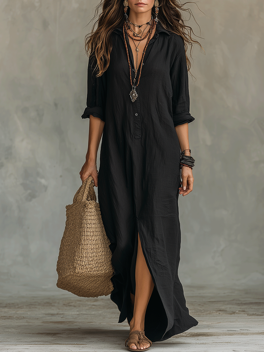 🌷100% Cotton-Button-Front Bohemian Shirt Maxi Dress