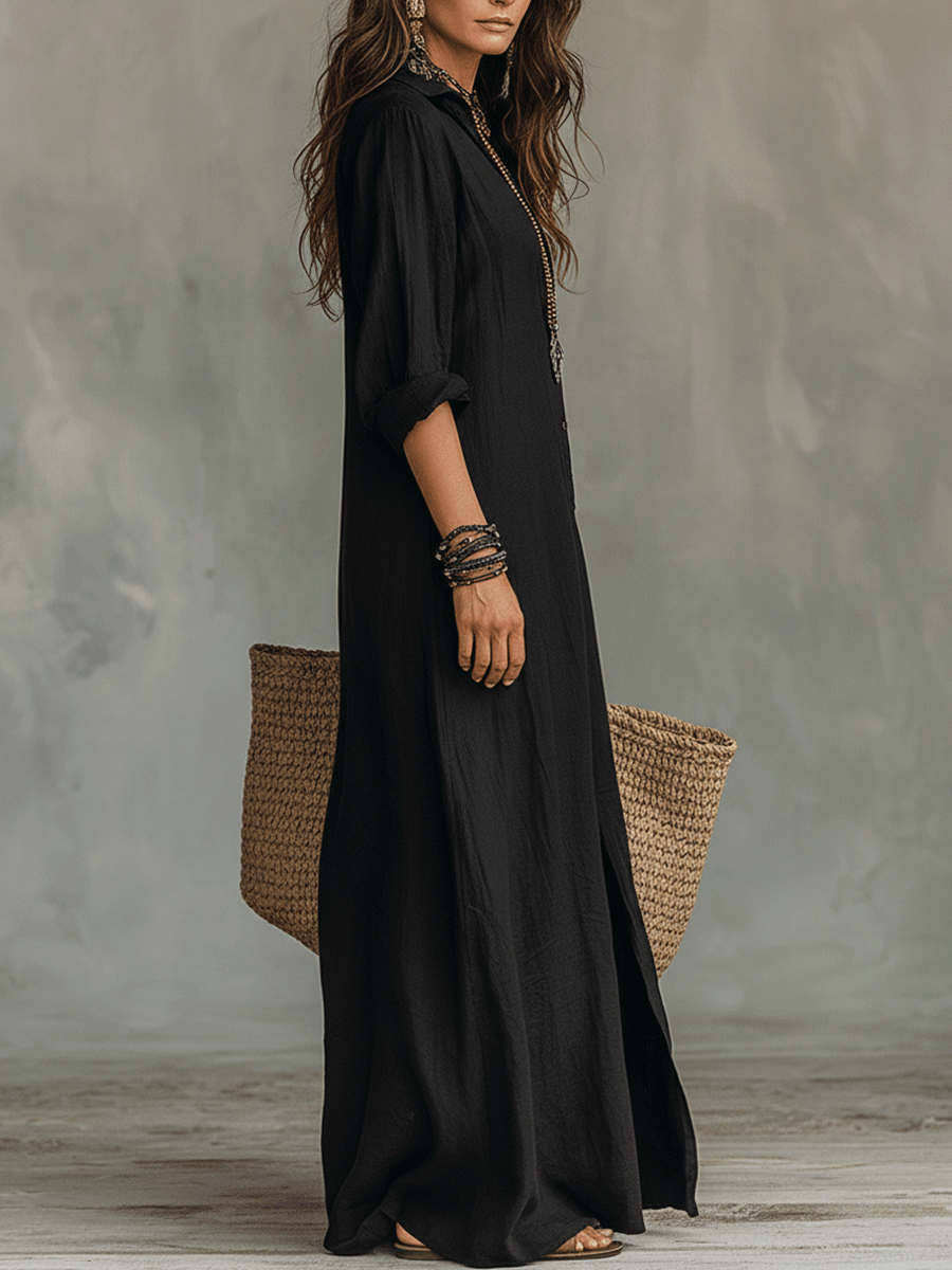 🌷100% Cotton-Button-Front Bohemian Shirt Maxi Dress