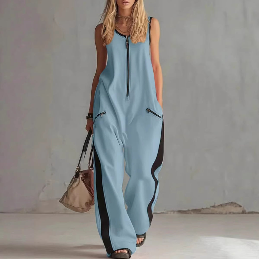 🌷Loose Sleeveless Contrast Color Pockets Zipper V-Neck Jumpsuits
