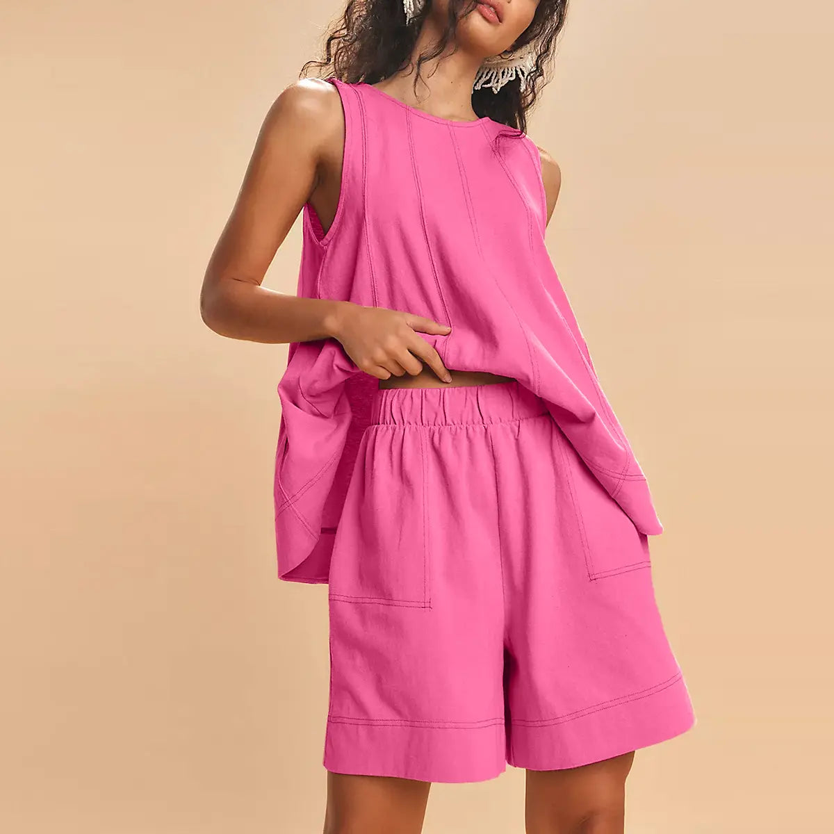 💕💕50% OFF🔥Women's Cotton Two Piece Outfit - A-Line Tank & High-Waist Shorts