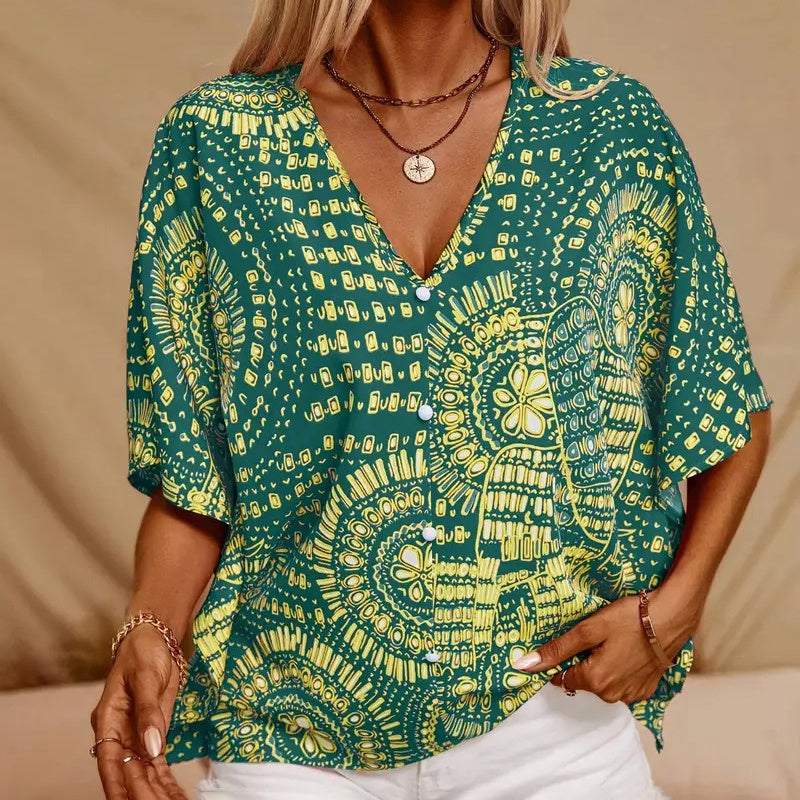 💕💕Mandala Print V-Neck Blouse – Casual Vacation Top