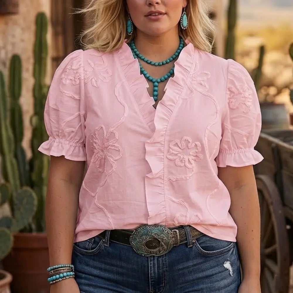 💕💕Cherrybetty 100% Cotton Flower Embroidered Ruffle Neck Puff Sleeve Cotton Top Spring Fashion Tiktok Shop Spring Glow Up Sweety Essential Comfort Elegant Outfits Going Out Tops