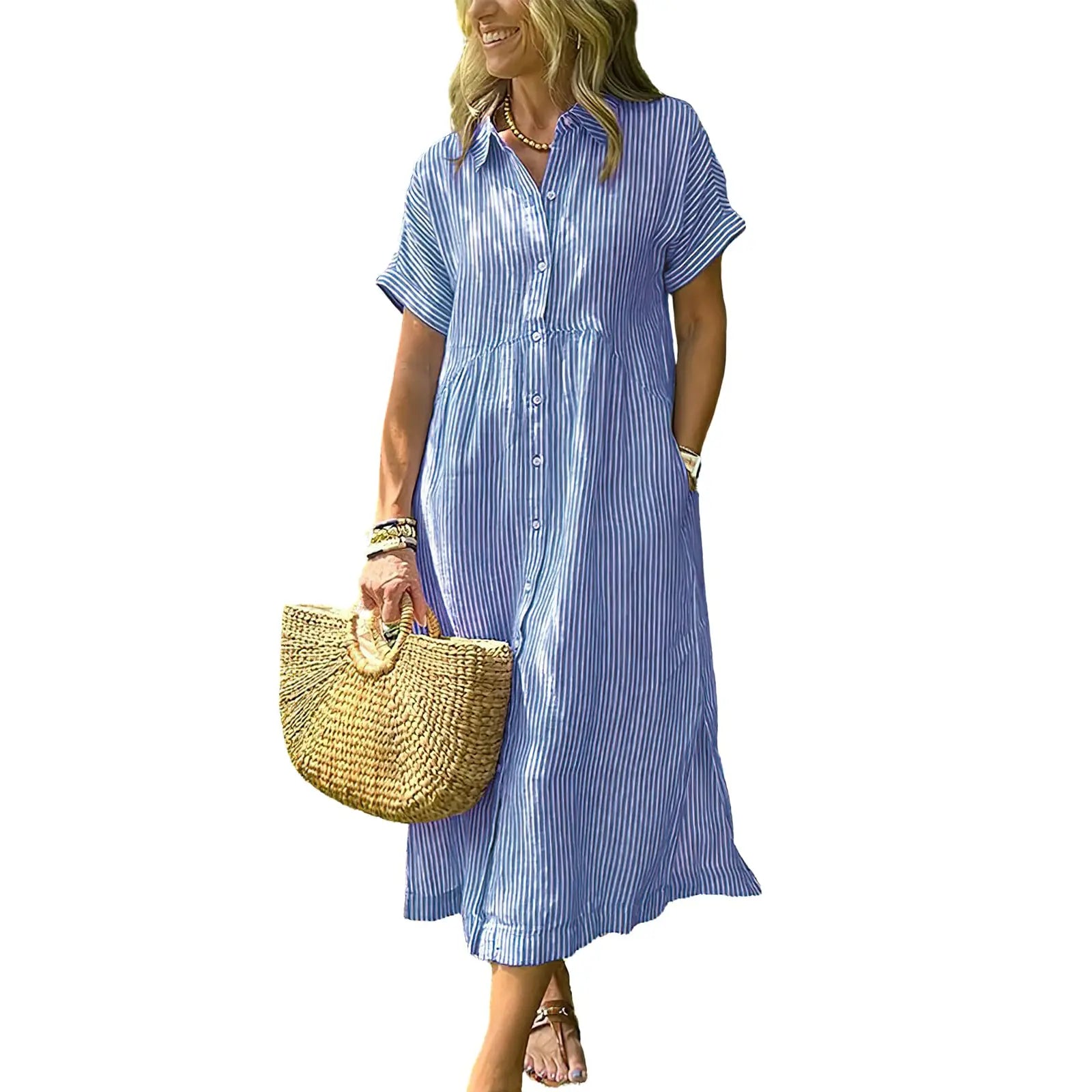 Last Day ⏰ 49% OFF ✨Chouyatou Women's Loose Midi Striped Shirt Dress