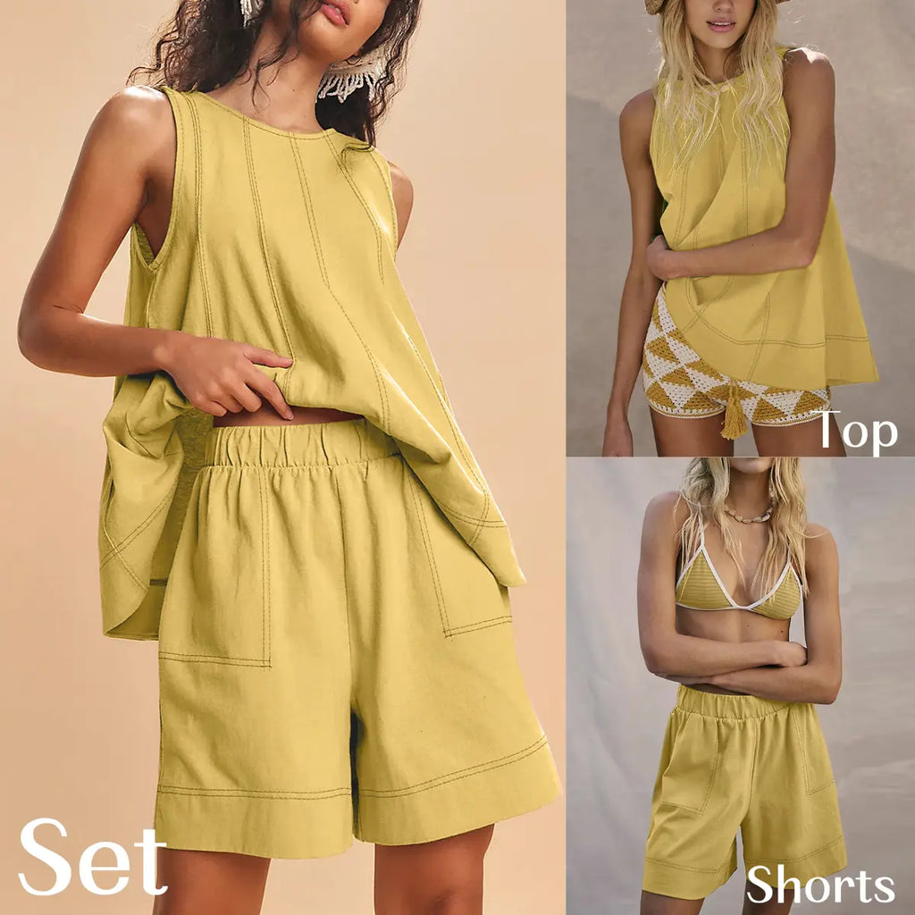 💕💕50% OFF🔥Women's Cotton Two Piece Outfit - A-Line Tank & High-Waist Shorts
