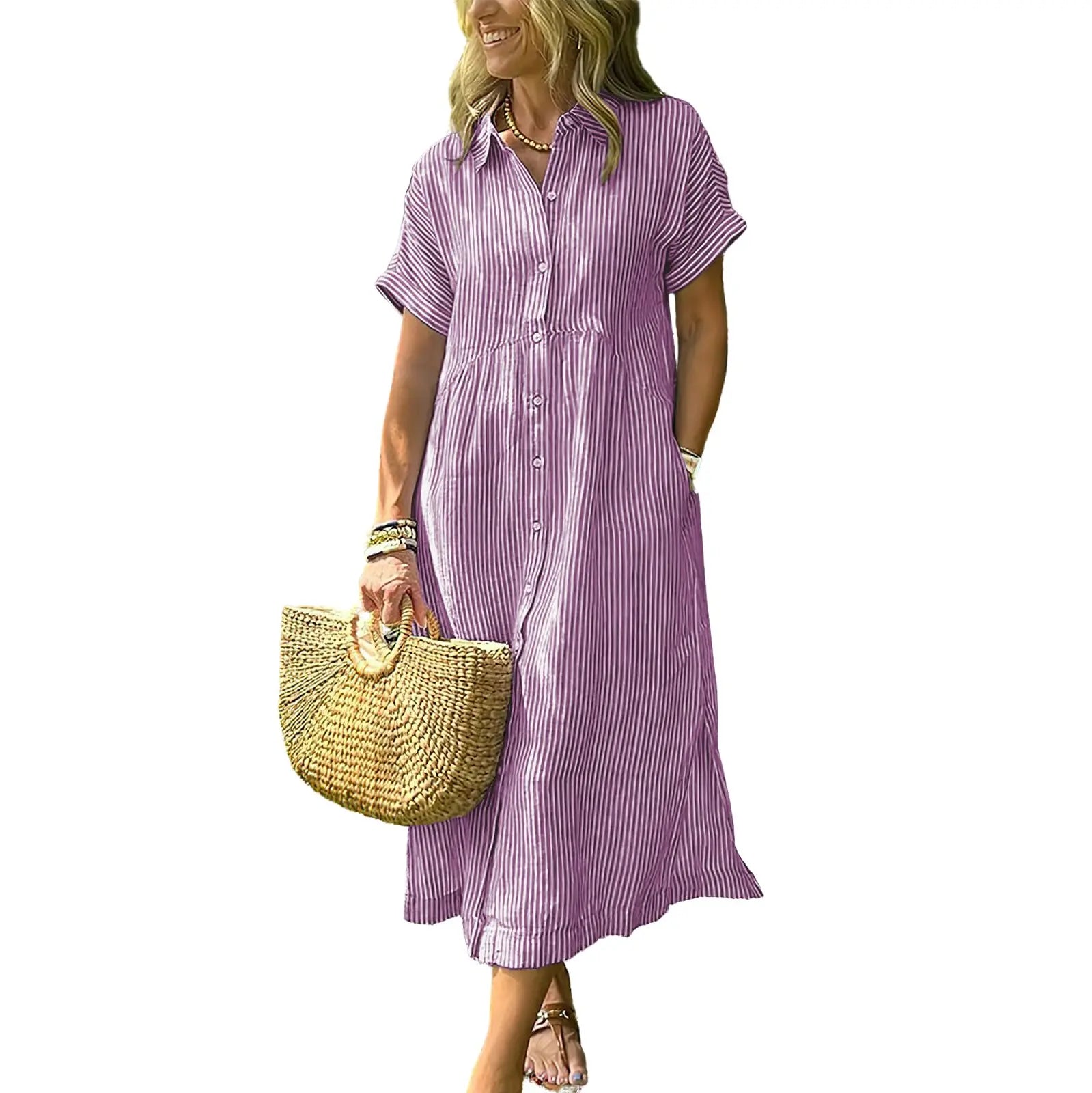 Last Day ⏰ 49% OFF ✨Chouyatou Women's Loose Midi Striped Shirt Dress