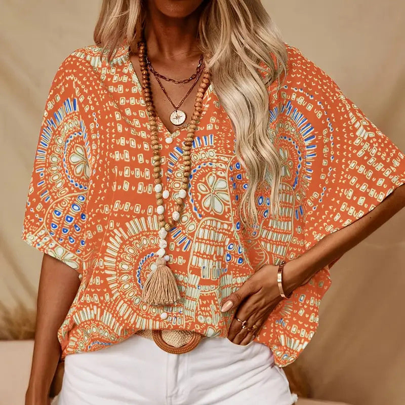 💕💕Mandala Print V-Neck Blouse – Casual Vacation Top