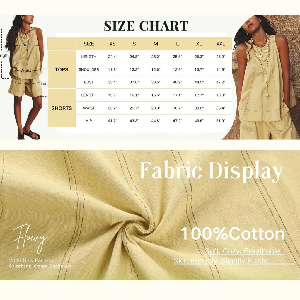 💕💕50% OFF🔥Women's Cotton Two Piece Outfit - A-Line Tank & High-Waist Shorts