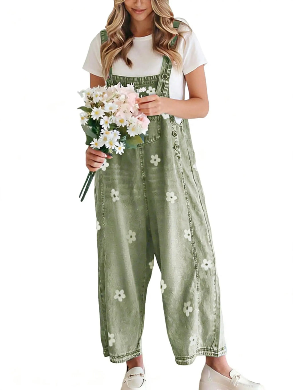 💕💕50% OFF🔥Women's Floral Printed Adjustable Denim Overalls - Wide Leg Jumpsuit