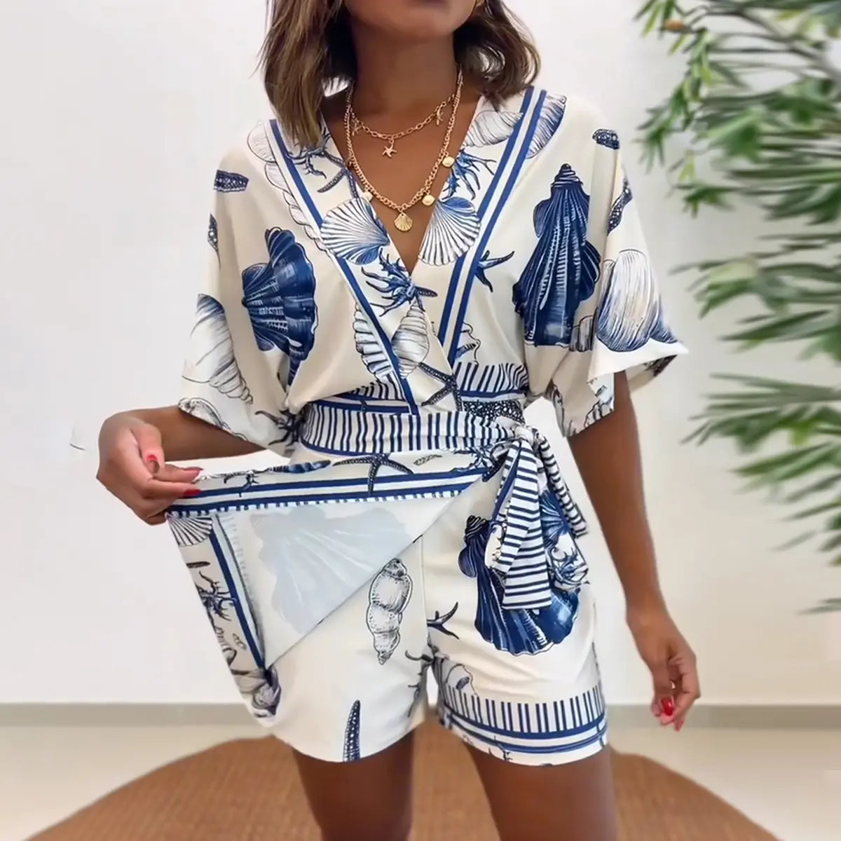 Sale 🎉 Seashell Print V-Neck Wrap Romper   Mermaidcore Vacation Wear 🌴