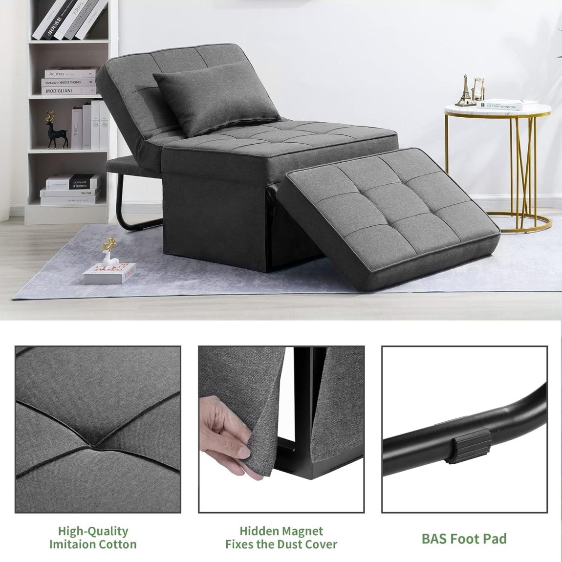 4-in-1 multifunctional folding footstool, breathable linen sofa bed, with adjustable backrest, modern convertible seat