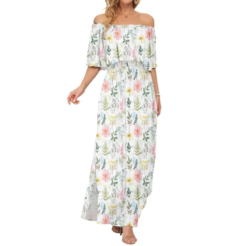 Women's Off The Shoulder Dress 👗Wedding Guest Dress ❤️Summer Casual Long Ruffle Party Side Split Beach Maxi Dresses with Pockets
