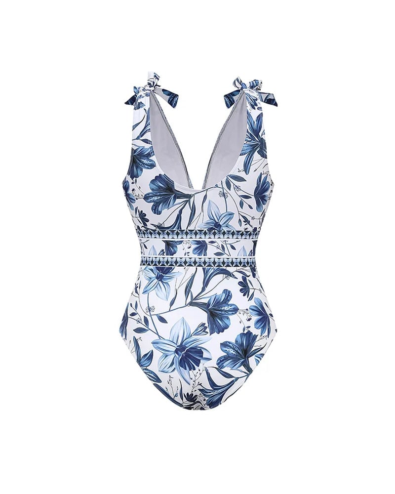 💝💝V Neck Lace Up Printed One Piece Swimsuit and Skirt