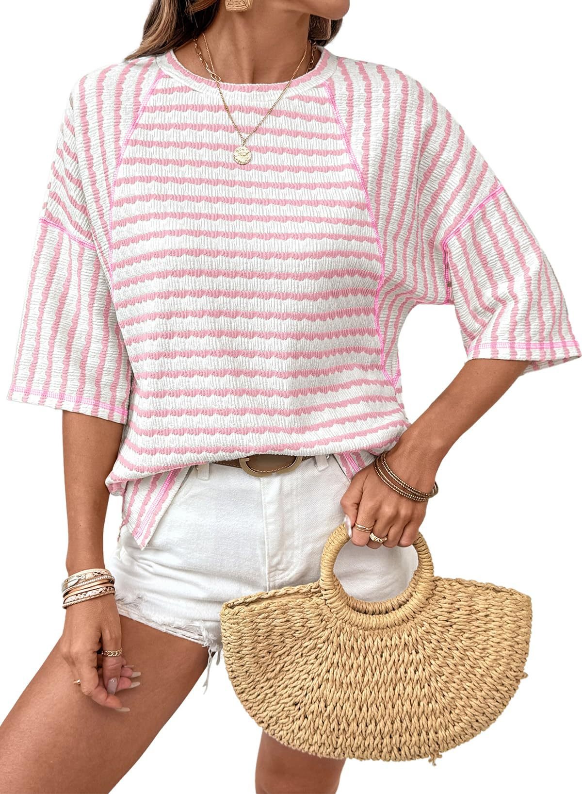 💕💕Womens Summer Tops Oversized Tshirts for Women Striped Color Block Short Sleeve T Shirts Crewneck Casual Tee Blouses