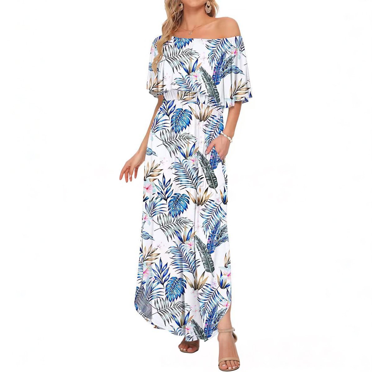 Women's Off The Shoulder Dress 👗Wedding Guest Dress ❤️Summer Casual Long Ruffle Party Side Split Beach Maxi Dresses with Pockets