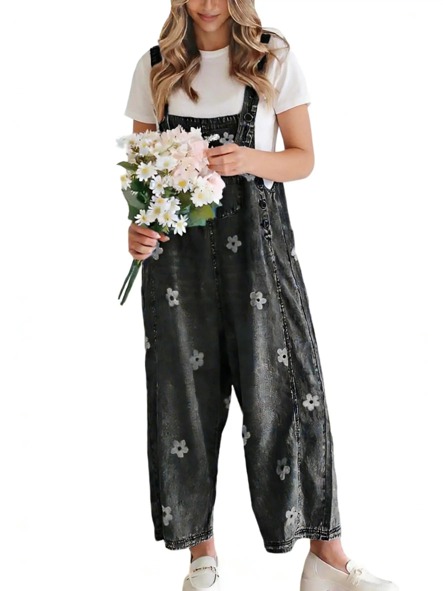 💕💕50% OFF🔥Women's Floral Printed Adjustable Denim Overalls - Wide Leg Jumpsuit