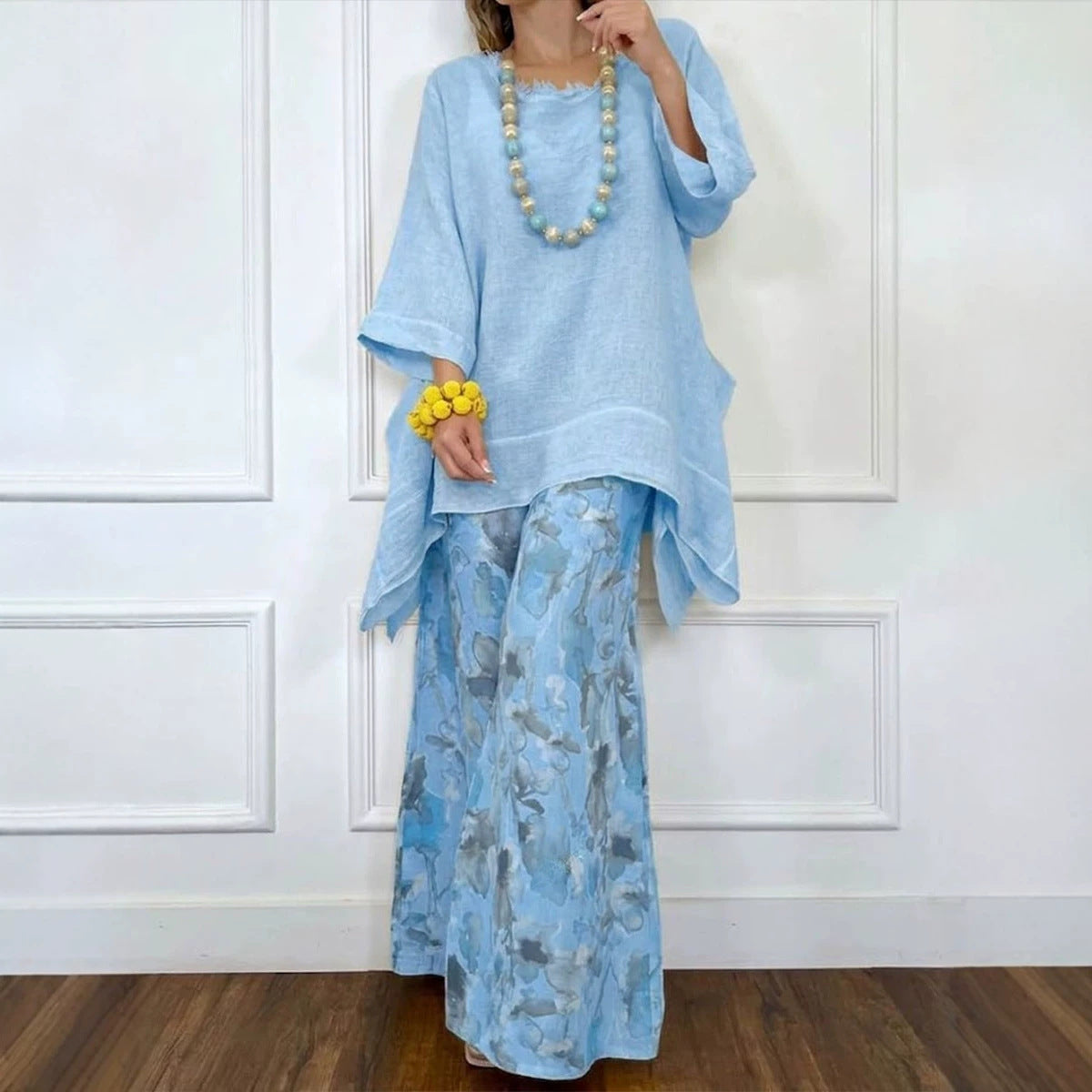 💕💕Cotton-Linen Irregular Hem Drop-Shoulder Top & Wide-Leg Pants Set
