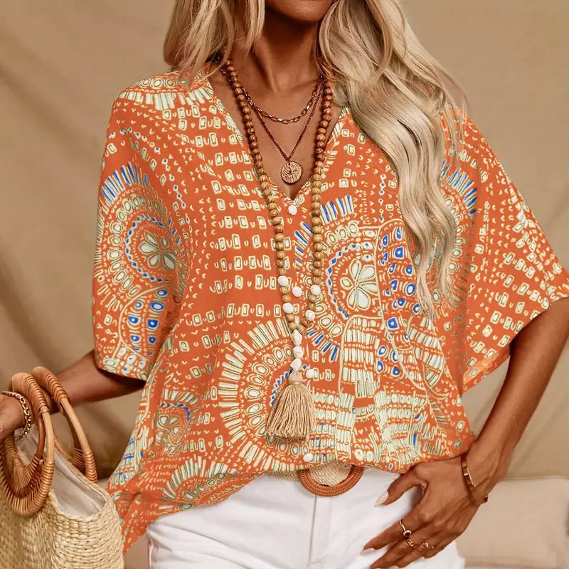 💕💕Mandala Print V-Neck Blouse – Casual Vacation Top