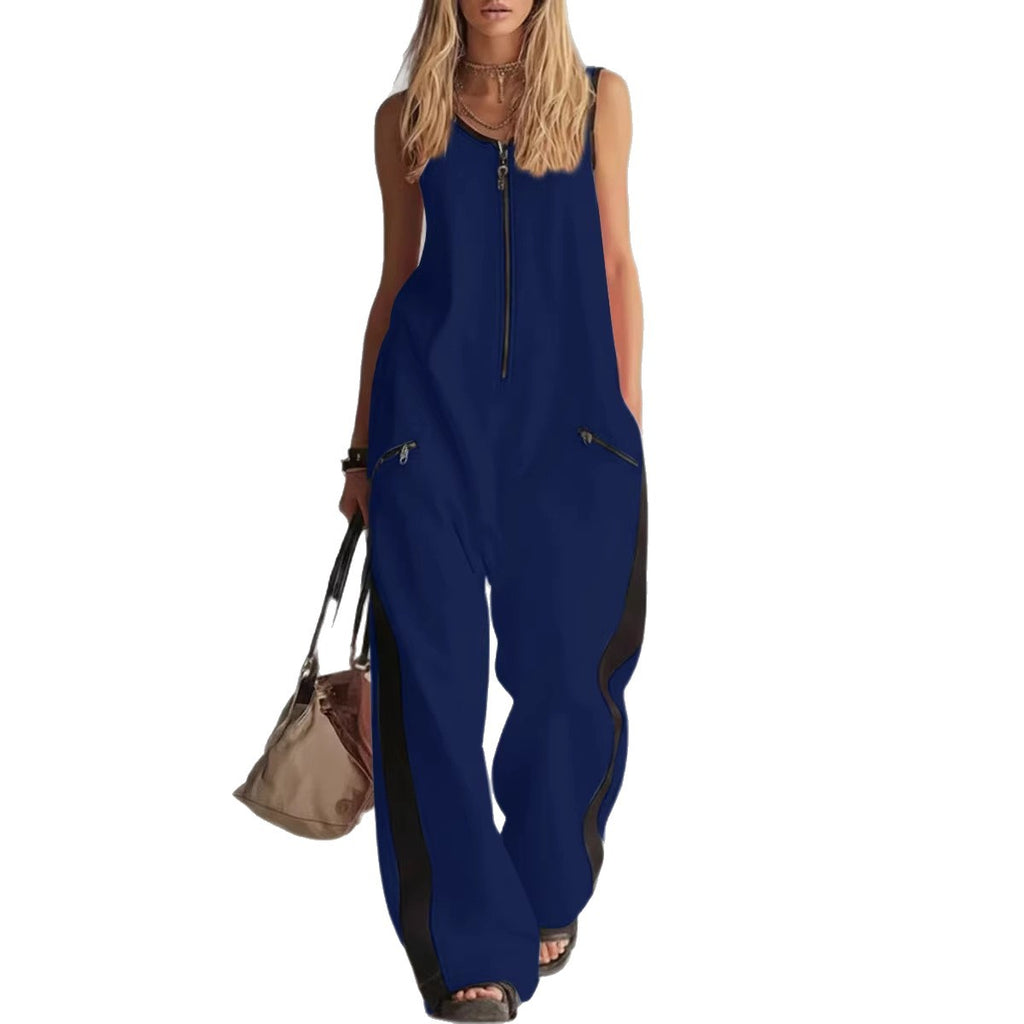 🌷Loose Sleeveless Contrast Color Pockets Zipper V-Neck Jumpsuits