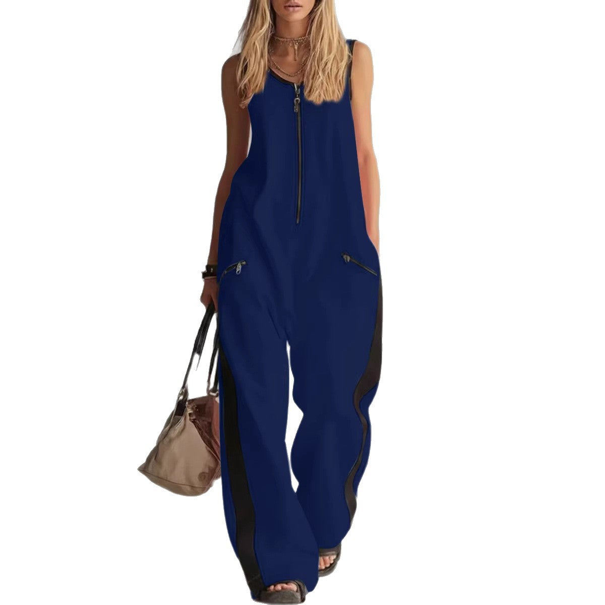 🌷Loose Sleeveless Contrast Color Pockets Zipper V-Neck Jumpsuits