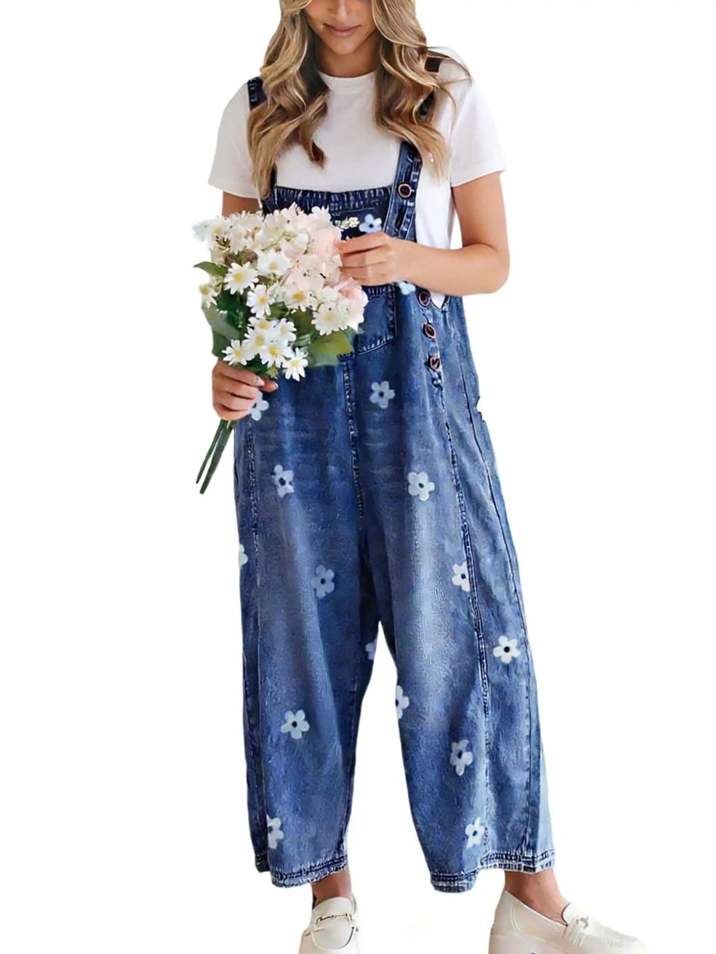 💕💕50% OFF🔥Women's Floral Printed Adjustable Denim Overalls - Wide Leg Jumpsuit