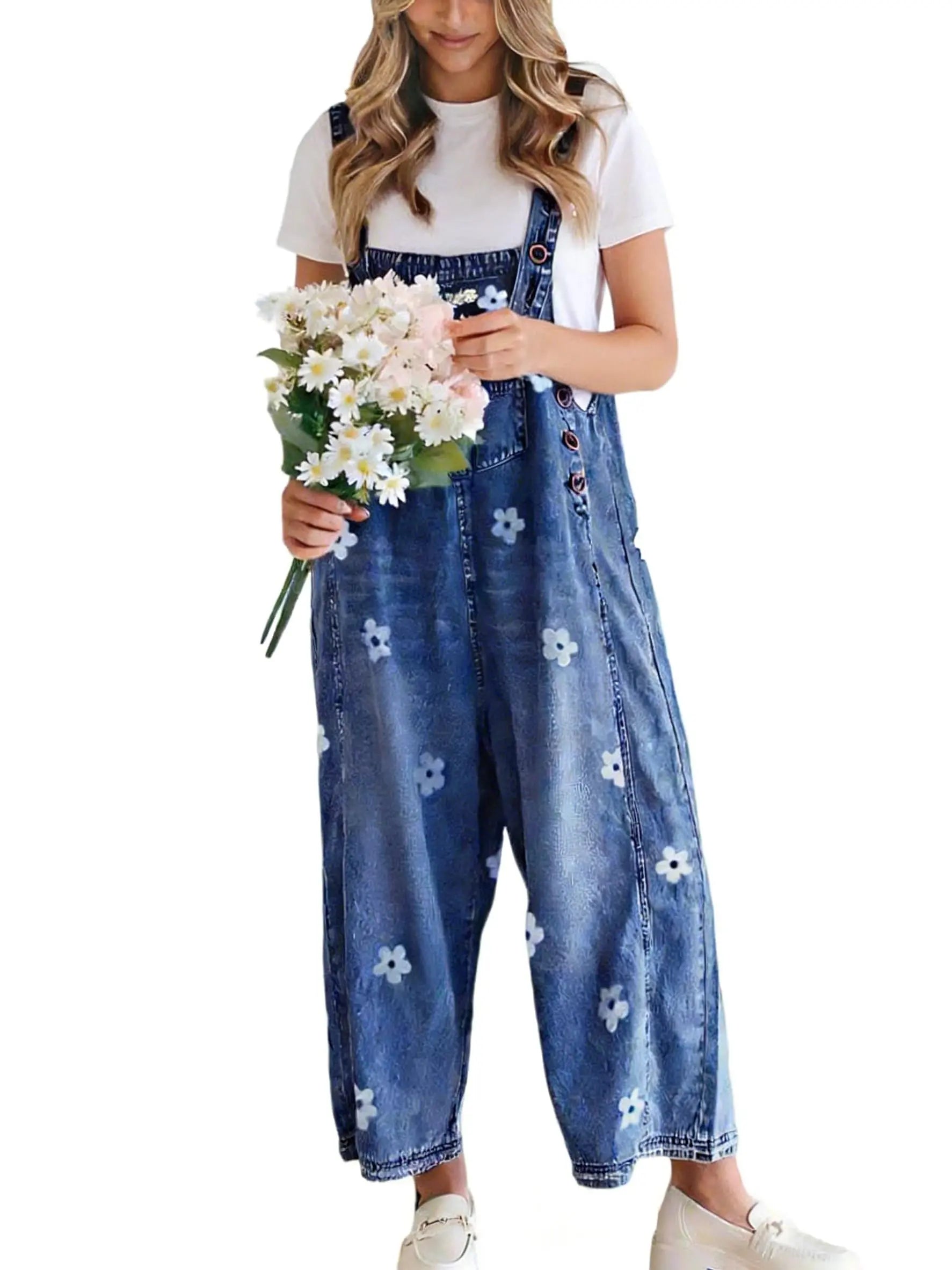 💕💕50% OFF🔥Women's Floral Printed Adjustable Denim Overalls - Wide Leg Jumpsuit
