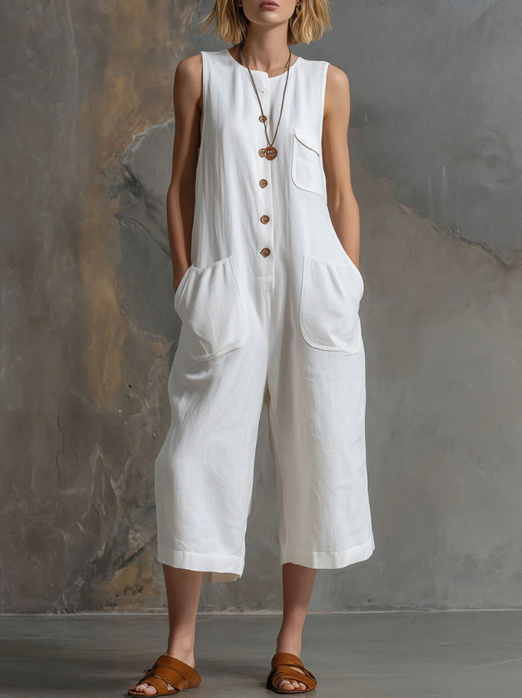 🌷Retro Sleeveless Cotton-Linen Wide-Leg Cropped Jumpsuit
