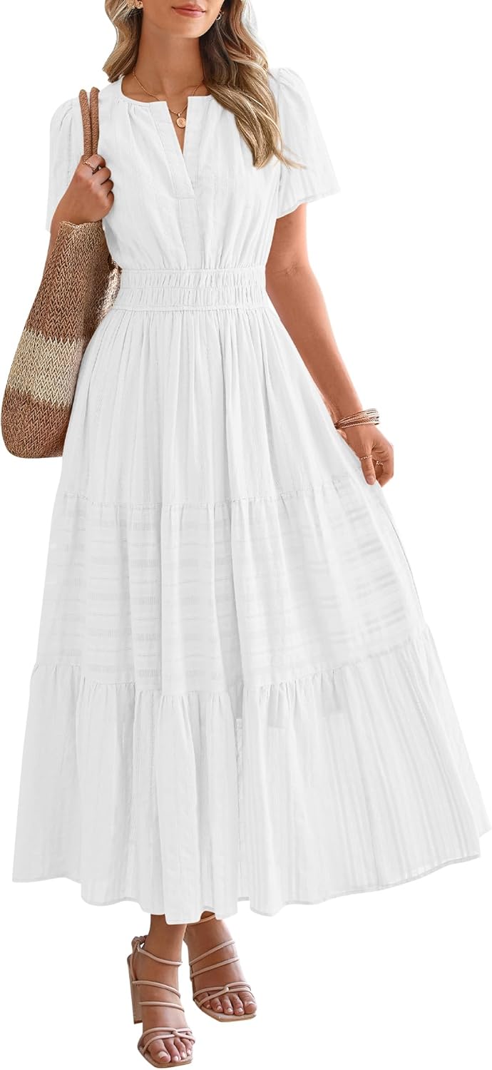 BTFBM Womens Summer 2026 Casual Midi Maxi Dresses Lightweight Short Sleeve V Neck Elastic Waist Boho Beach Dress Pockets