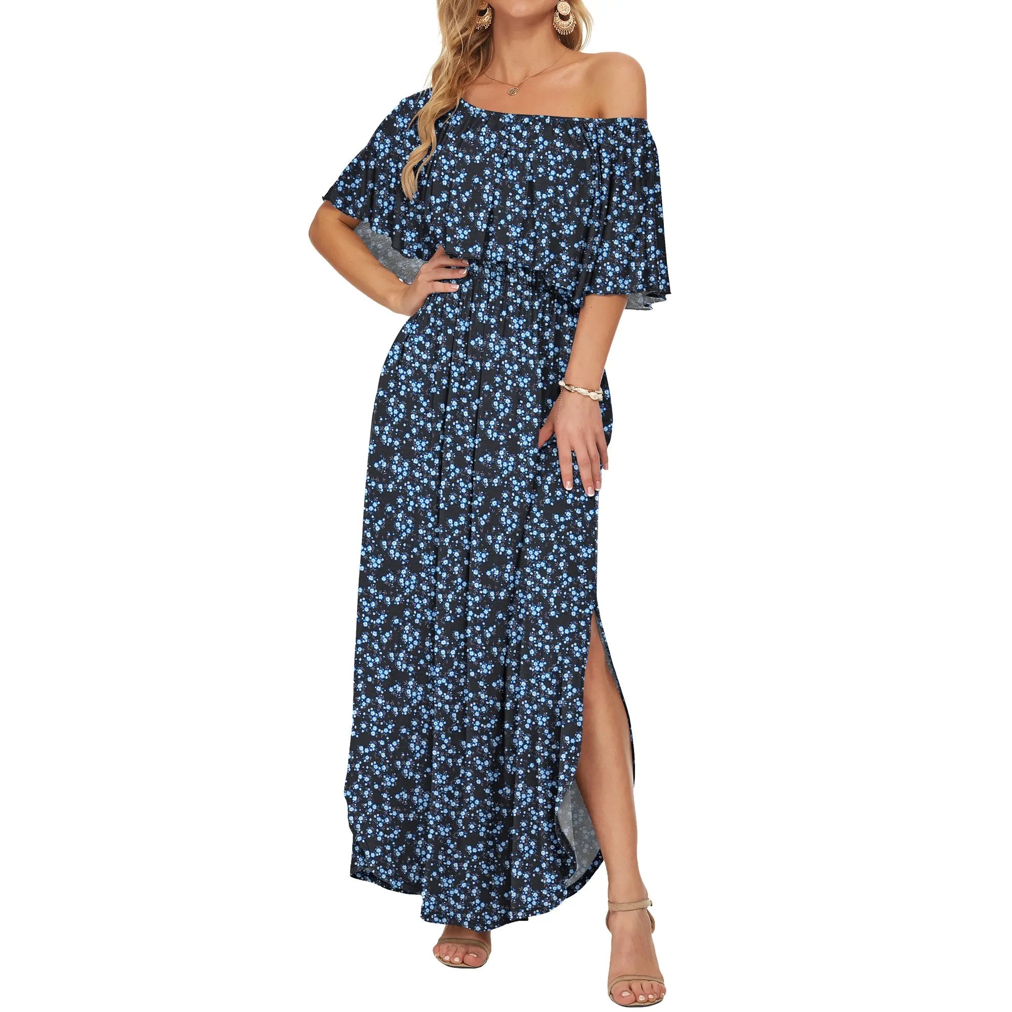 Women's Off The Shoulder Dress 👗Wedding Guest Dress ❤️Summer Casual Long Ruffle Party Side Split Beach Maxi Dresses with Pockets