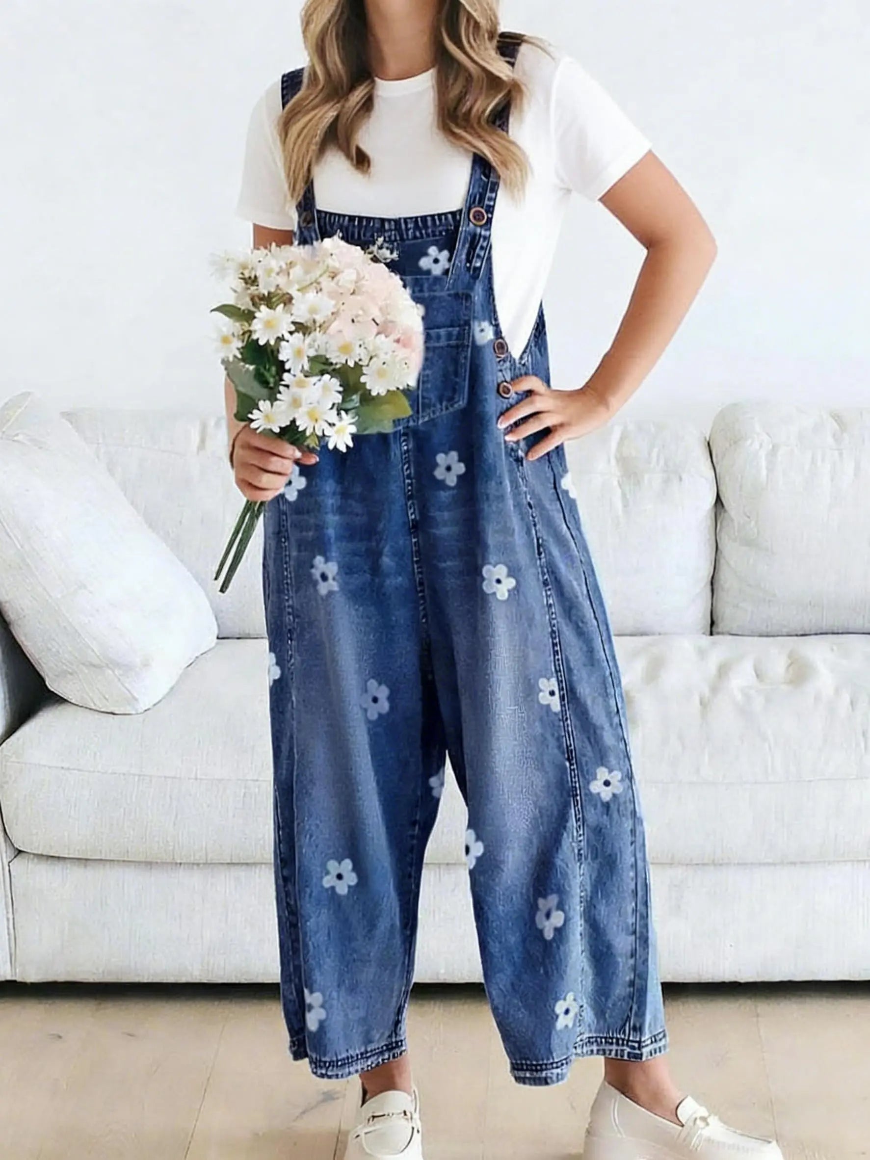 💕💕50% OFF🔥Women's Floral Printed Adjustable Denim Overalls - Wide Leg Jumpsuit