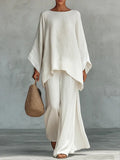 Women's Round Neck Long Sleeve Wide-leg Casual Irregular Hem Two-piece Pants Set