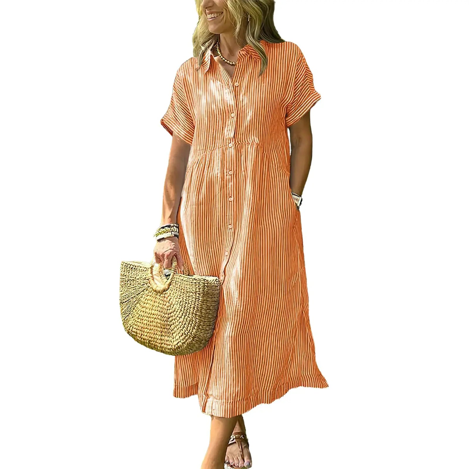 Last Day ⏰ 49% OFF ✨Chouyatou Women's Loose Midi Striped Shirt Dress