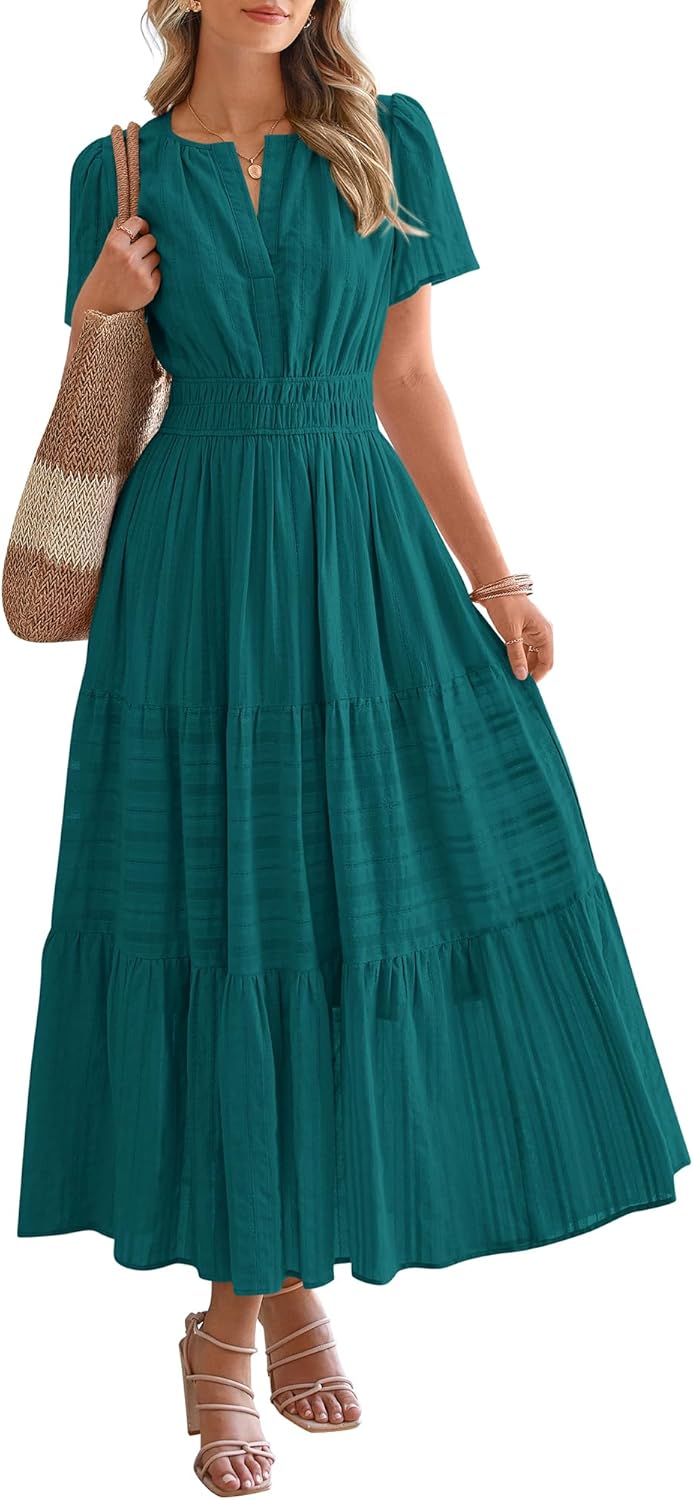BTFBM Womens Summer 2026 Casual Midi Maxi Dresses Lightweight Short Sleeve V Neck Elastic Waist Boho Beach Dress Pockets