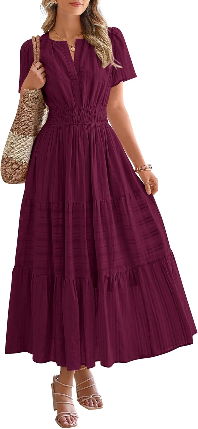BTFBM Womens Summer 2026 Casual Midi Maxi Dresses Lightweight Short Sleeve V Neck Elastic Waist Boho Beach Dress Pockets