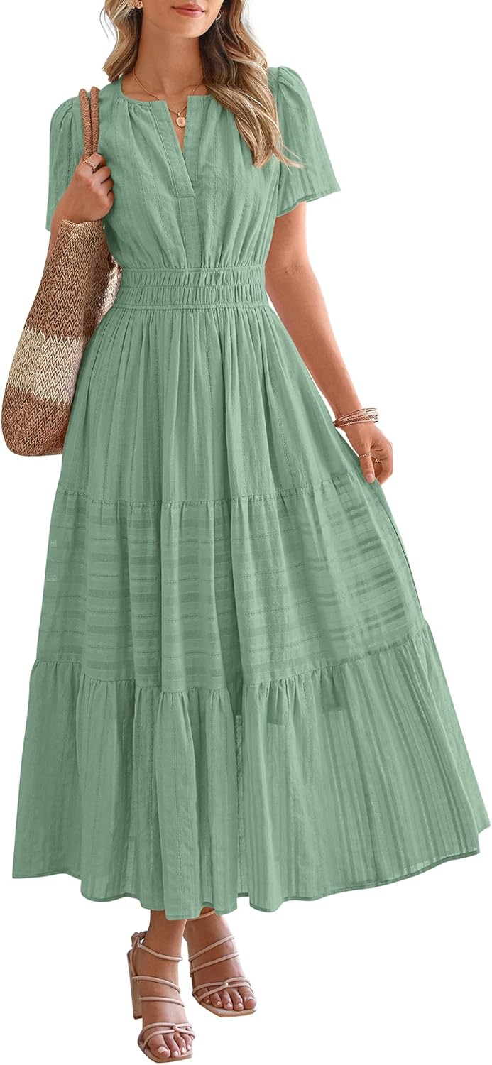 BTFBM Womens Summer 2026 Casual Midi Maxi Dresses Lightweight Short Sleeve V Neck Elastic Waist Boho Beach Dress Pockets