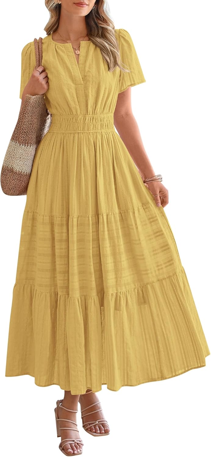 BTFBM Womens Summer 2026 Casual Midi Maxi Dresses Lightweight Short Sleeve V Neck Elastic Waist Boho Beach Dress Pockets