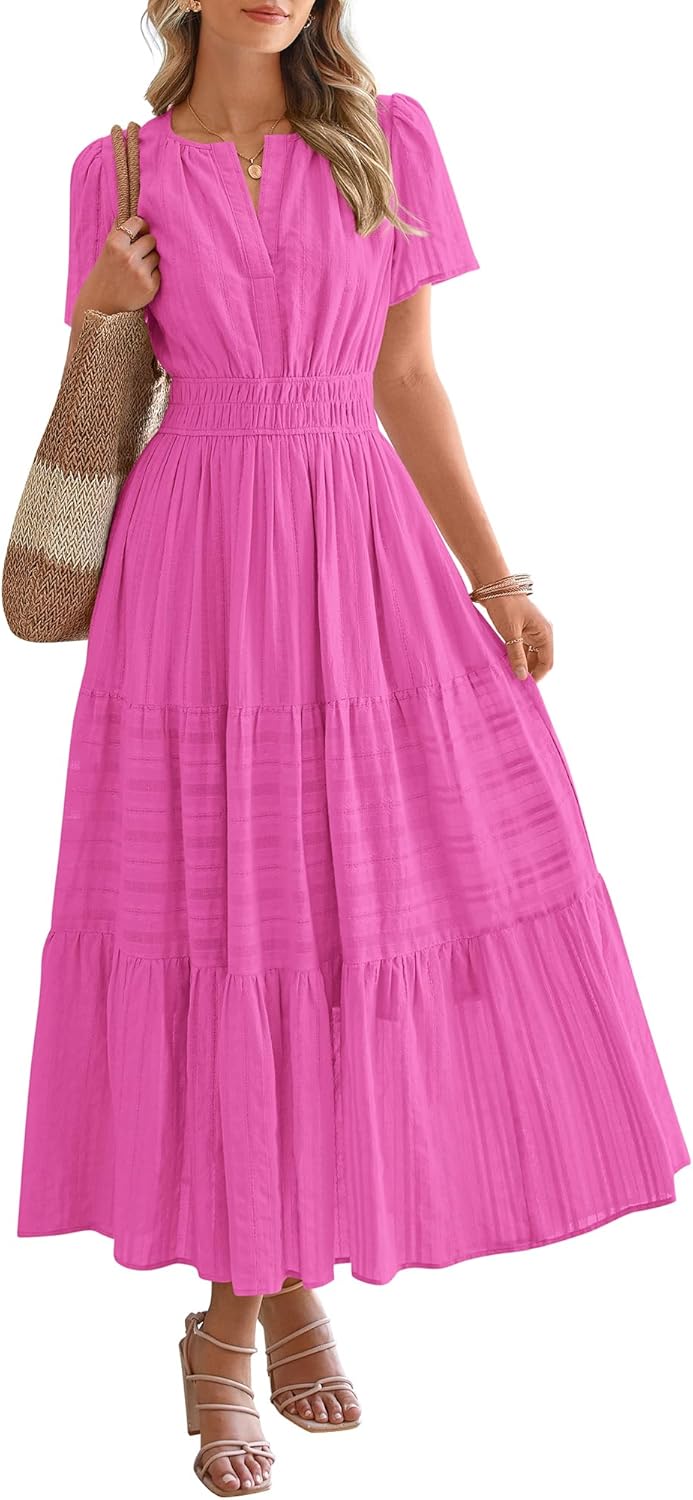 BTFBM Womens Summer 2026 Casual Midi Maxi Dresses Lightweight Short Sleeve V Neck Elastic Waist Boho Beach Dress Pockets