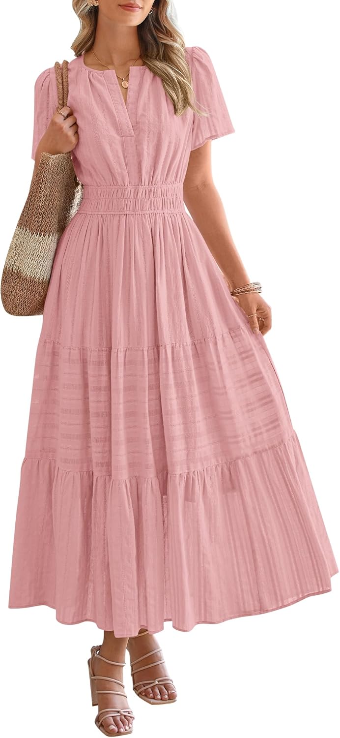 BTFBM Womens Summer 2026 Casual Midi Maxi Dresses Lightweight Short Sleeve V Neck Elastic Waist Boho Beach Dress Pockets
